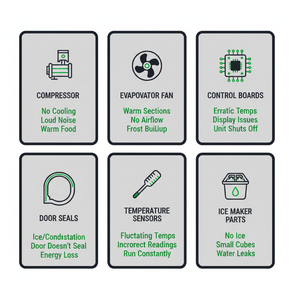 Infographic showing common failing parts of Sub-Zero refrigerators with icons and symptom descriptions.