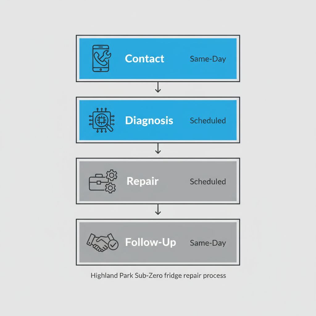 Vertical process flow illustrating the four steps for booking Sub-Zero refrigerator repair service in Highland Park.