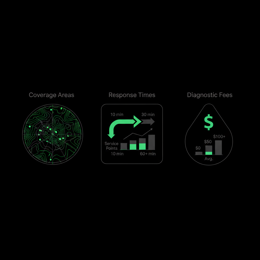 Data visualization depicting service coverage areas, average response times, and diagnostic fees for Wolf appliance repair in Highland Park.