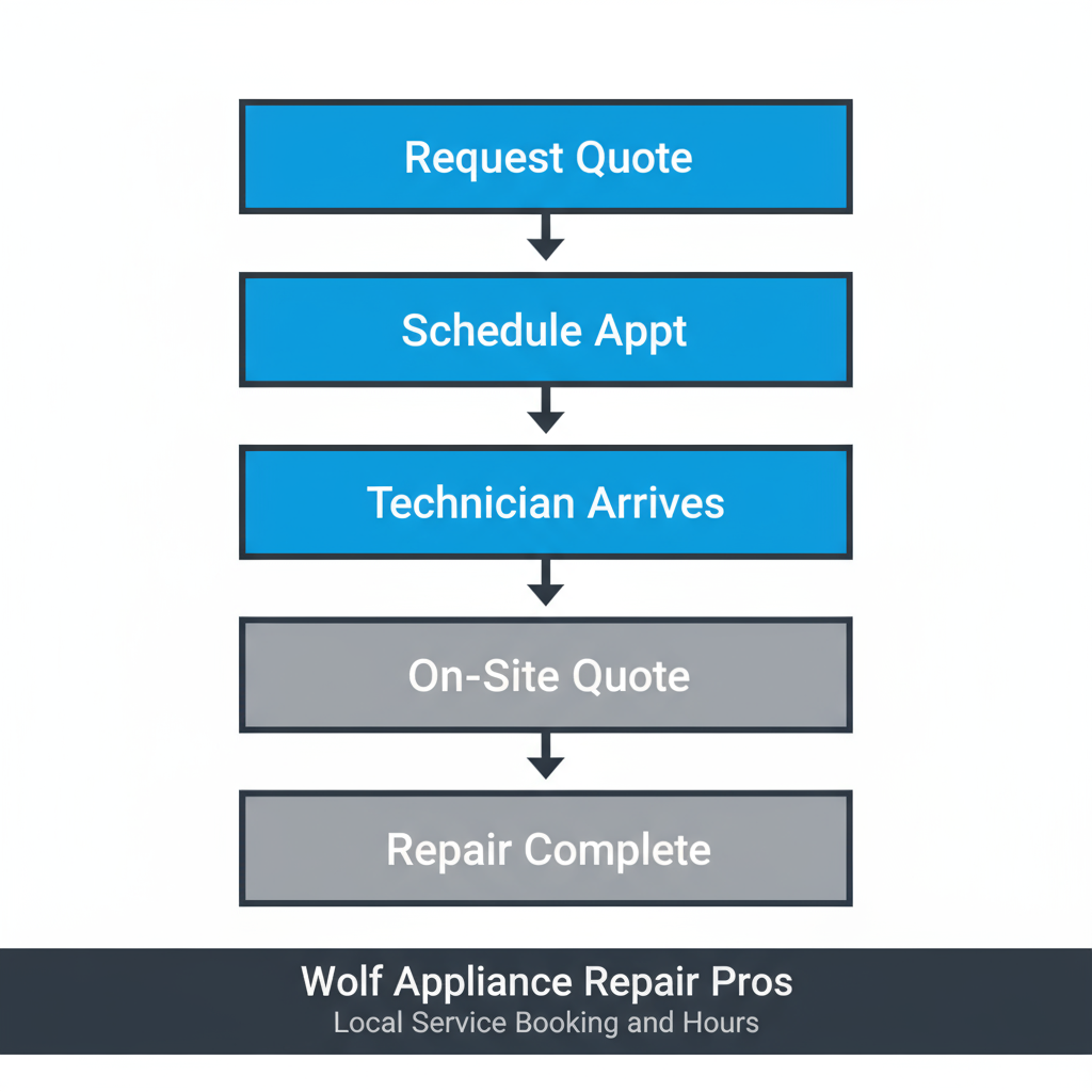 Vertical process flow illustrating the 5-step customer journey for Wolf Appliance Repair Pros, from initial contact to repair completion and follow-up.