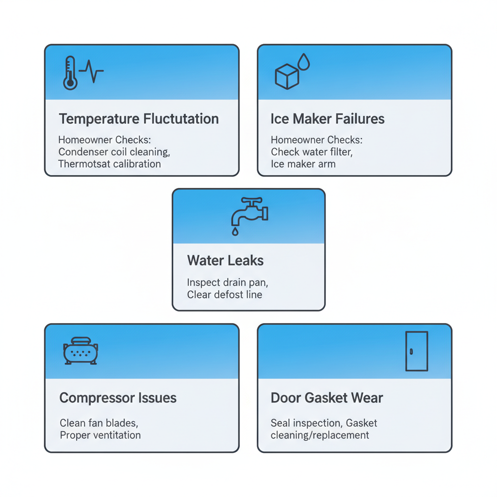 Infographic showing common problems with Sub-Zero refrigerators and maintenance tips.