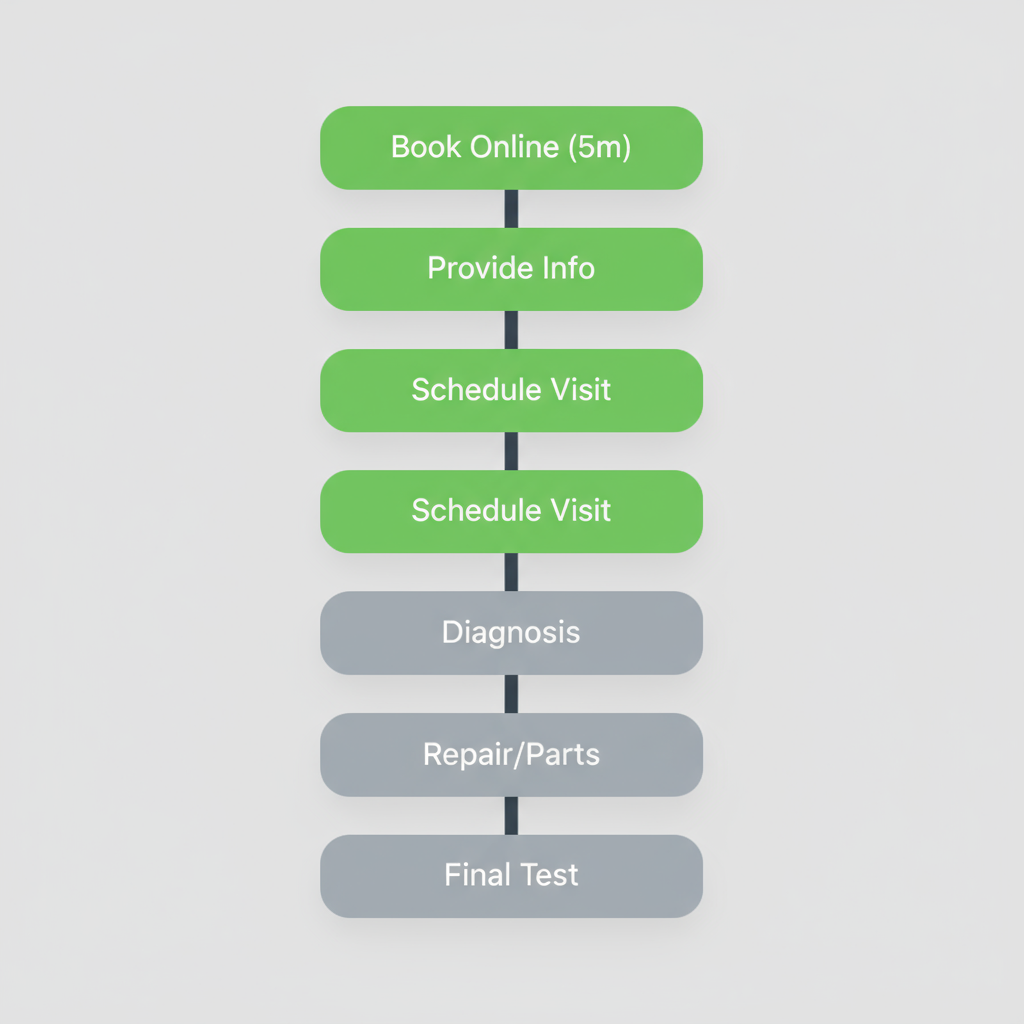 A vertical process flow illustrating the six steps to book an appliance repair service, including online booking, diagnosis, repair, and final testing.