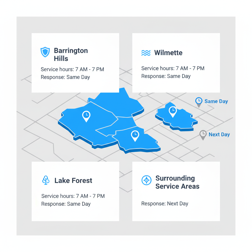 Map-style visualization of Barrington Hills and surrounding service areas, showing service hours and response times.