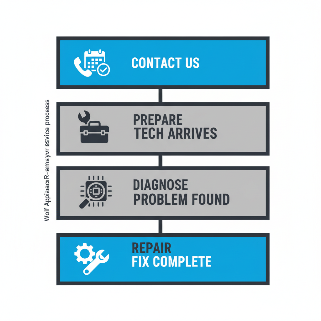 A vertical process flow illustrating the four steps for scheduling same-day Wolf appliance repair service.