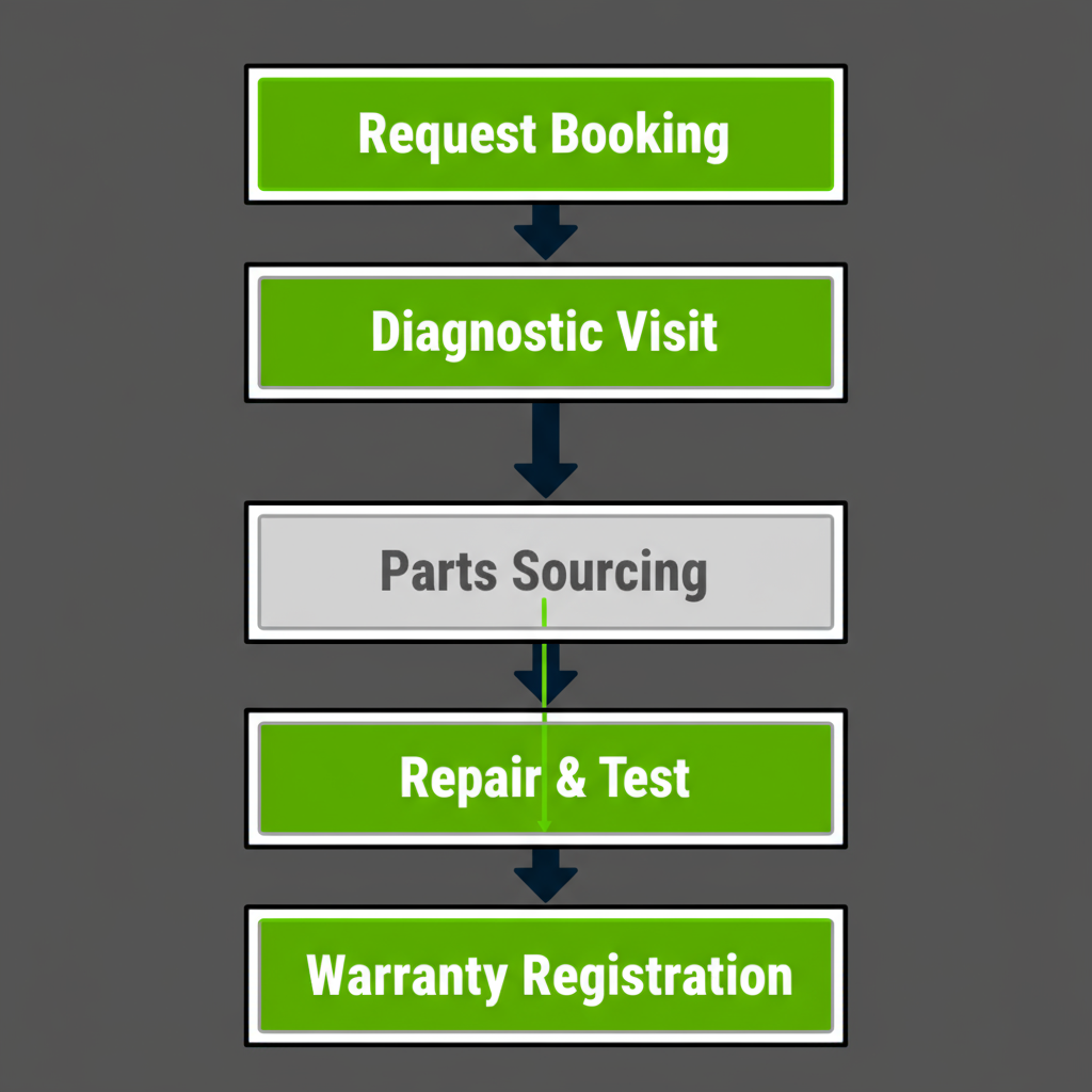 A vertical process flow illustration showing five steps for Wolf appliance repair service, from booking to warranty.