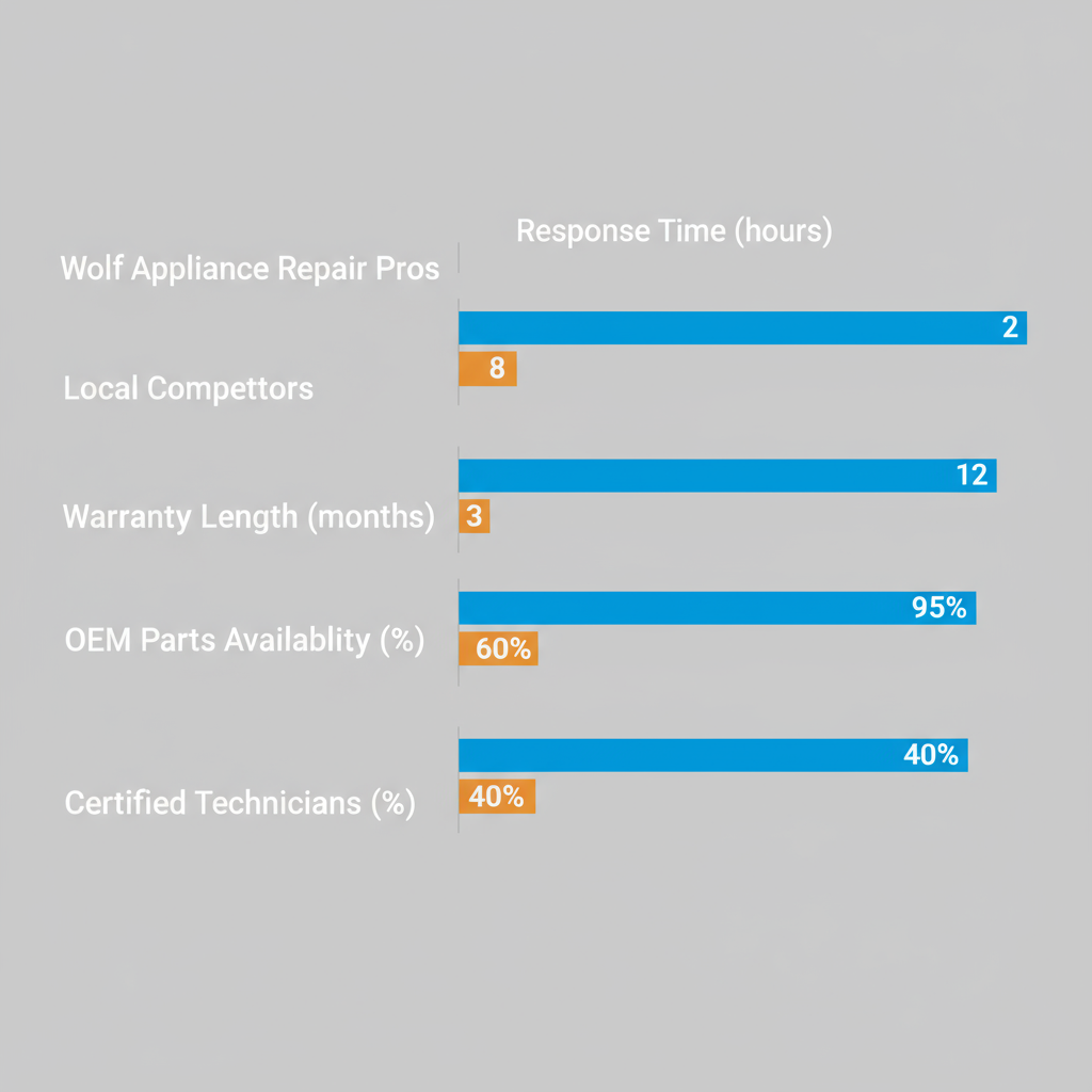 Landscape bar chart comparing Wolf Appliance Repair Pros' service metrics against local competitors, highlighting superior response time, warranty, OEM parts, and certified technicians.