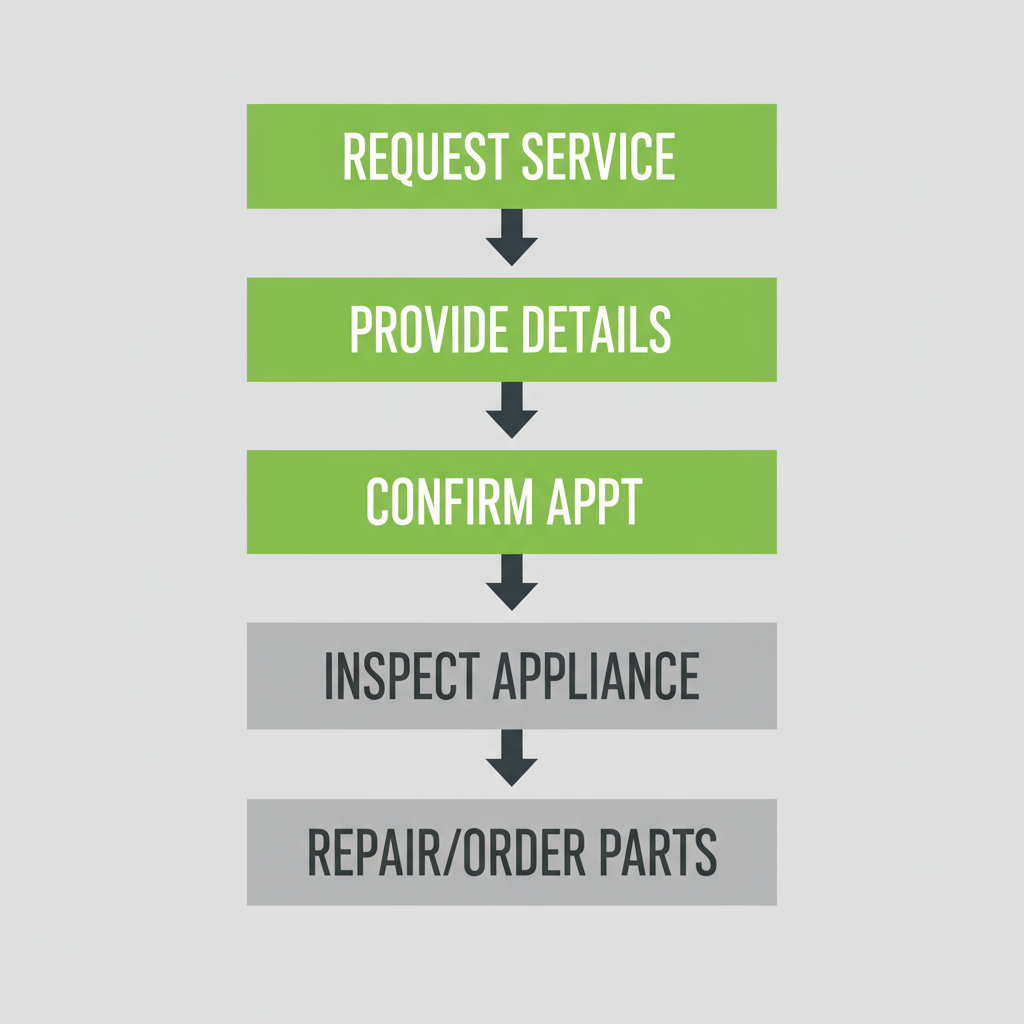 Vertical process flow illustrating the five steps from booking a Wolf appliance repair service to the completion of the repair.