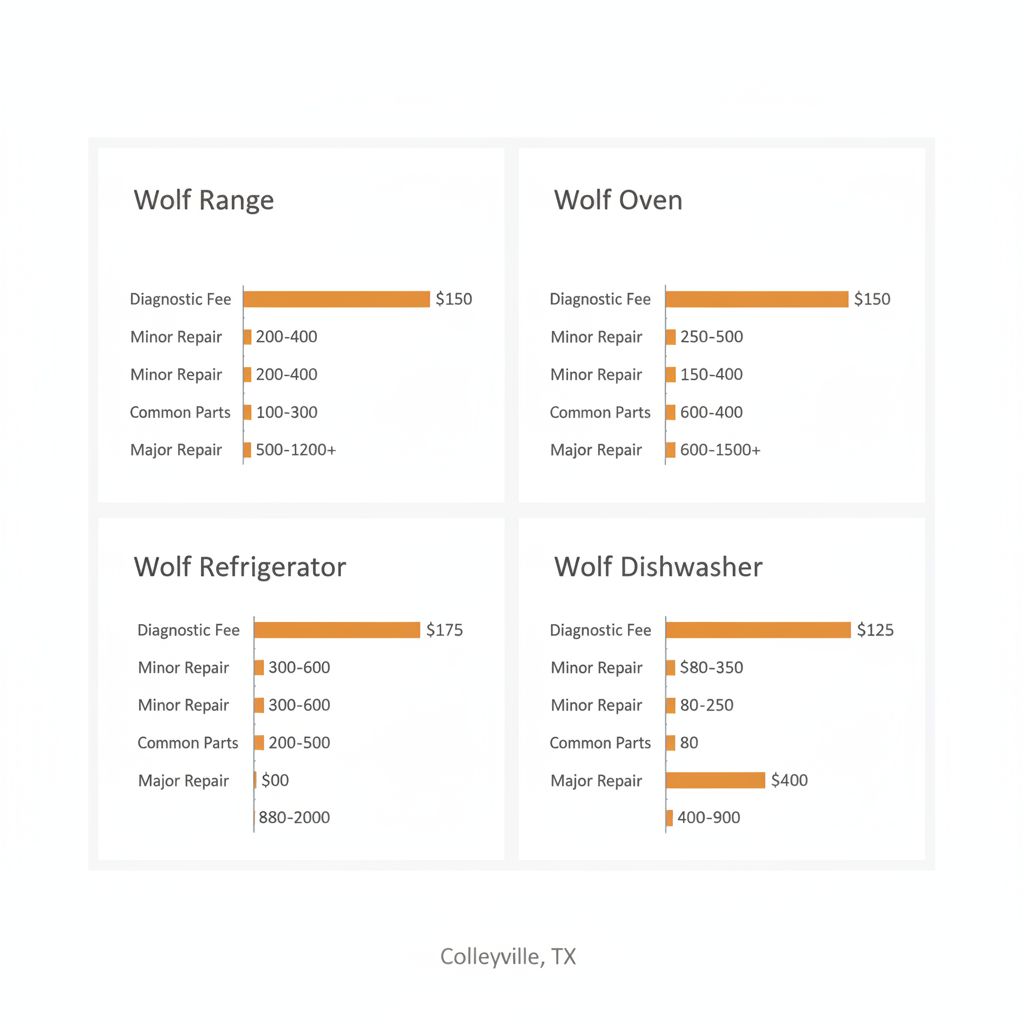 Infographic displaying average repair costs for Wolf appliances in Colleyville, including diagnostic fees, minor repair costs, common parts range, and major repair estimates.