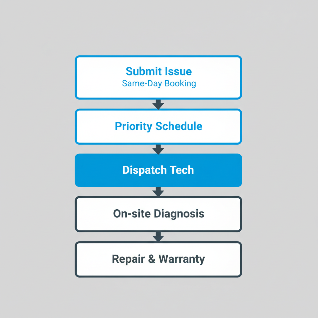 Vertical process flow showing 5 steps for same-day Wolf appliance repair booking