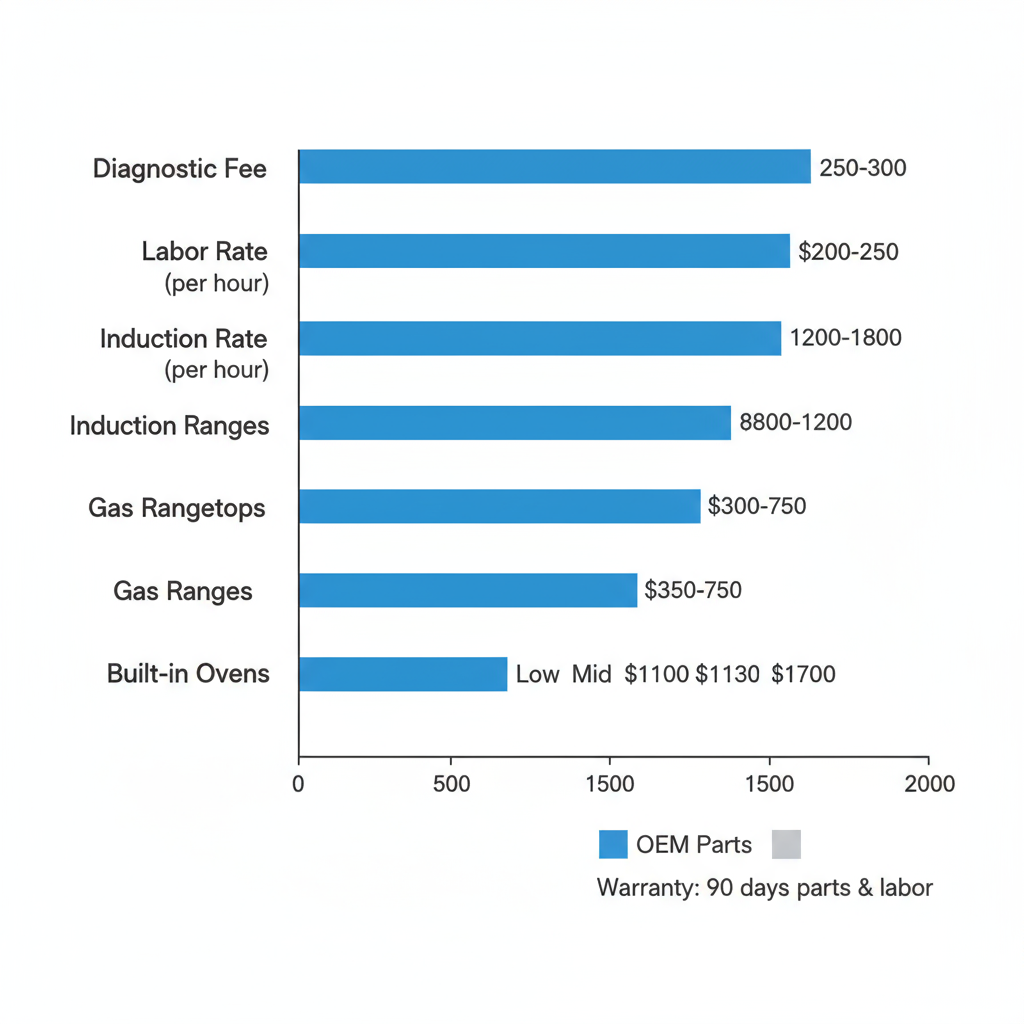Data visualization showing cost ranges for Wolf appliance repairs in Southlake, including diagnostic fees, labor rates, and repairs for induction ranges, gas rangetops, gas ranges, and built-in ovens.