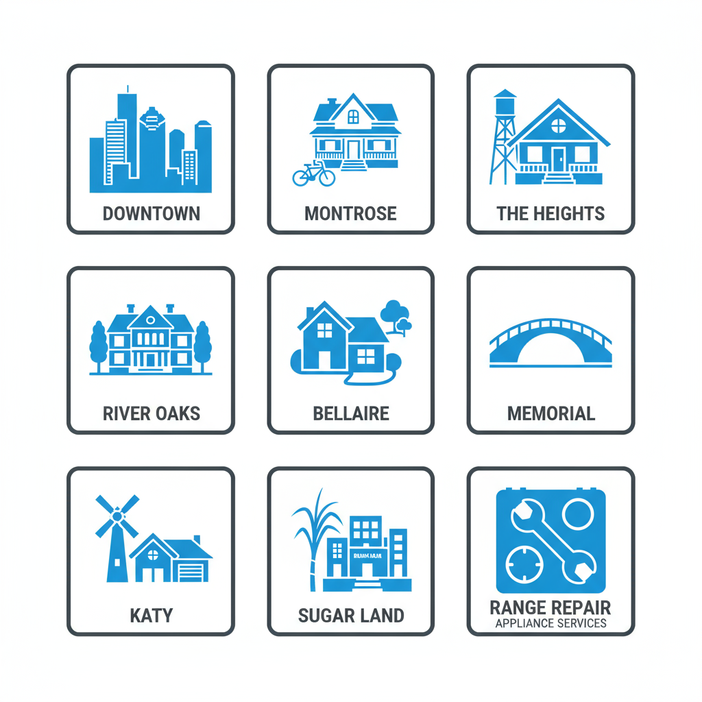 Icon set depicting various neighborhoods in Houston and specialized appliance repair services for Wolf appliances including ranges and ovens