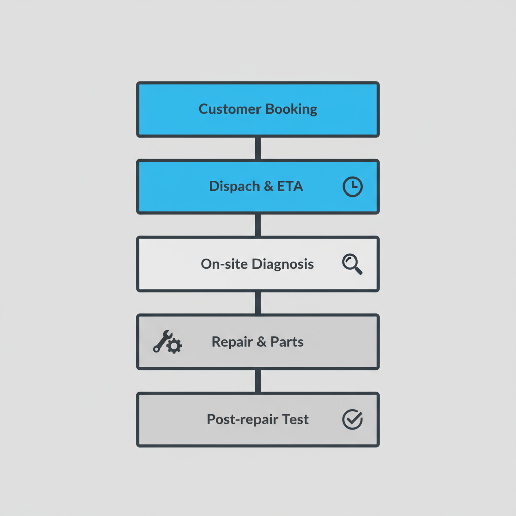 A vertical process flow diagram illustrating the 5 steps for Wolf appliance repair service, from initial booking to final post-repair testing and warranty registration.