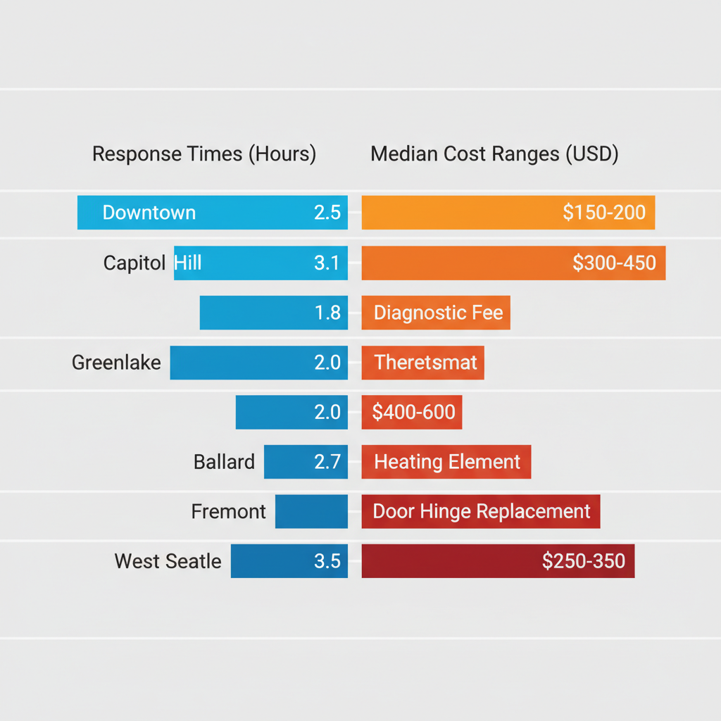 Landscape bar chart displaying typical service response times per neighborhood and median repair cost ranges for Wolf appliances, color-coded for clarity.