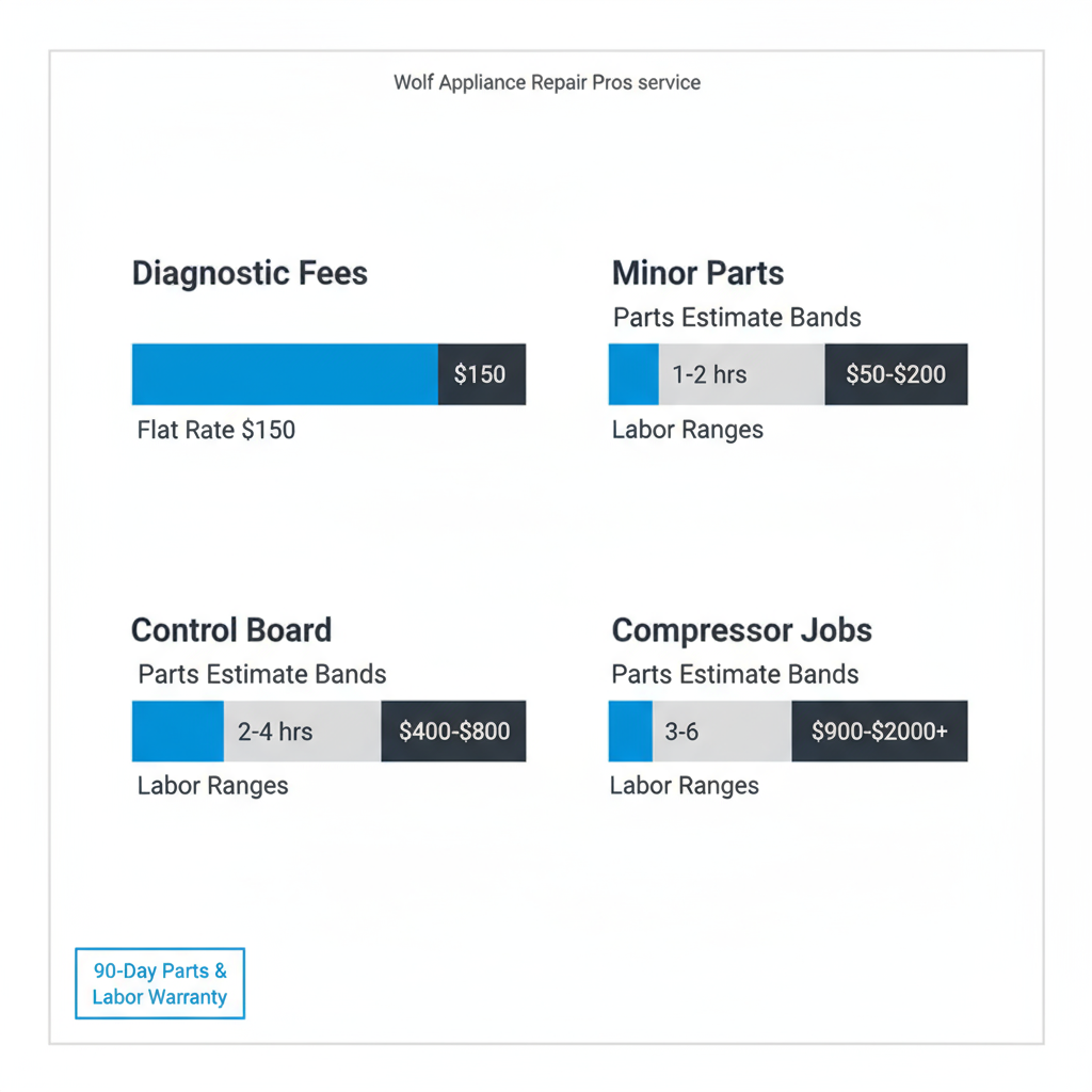 Square data visualization illustrating typical repair cost ranges for Wolf appliance services in Westlake, detailing diagnostic fees, labor, and parts estimates.
