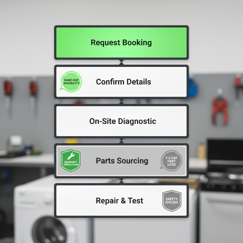 Vertical process flow illustrating the stages of a Wolf appliance repair from initial booking to a completed and tested repair. It shows a technician performing diagnostics and emphasizing OEM parts.
