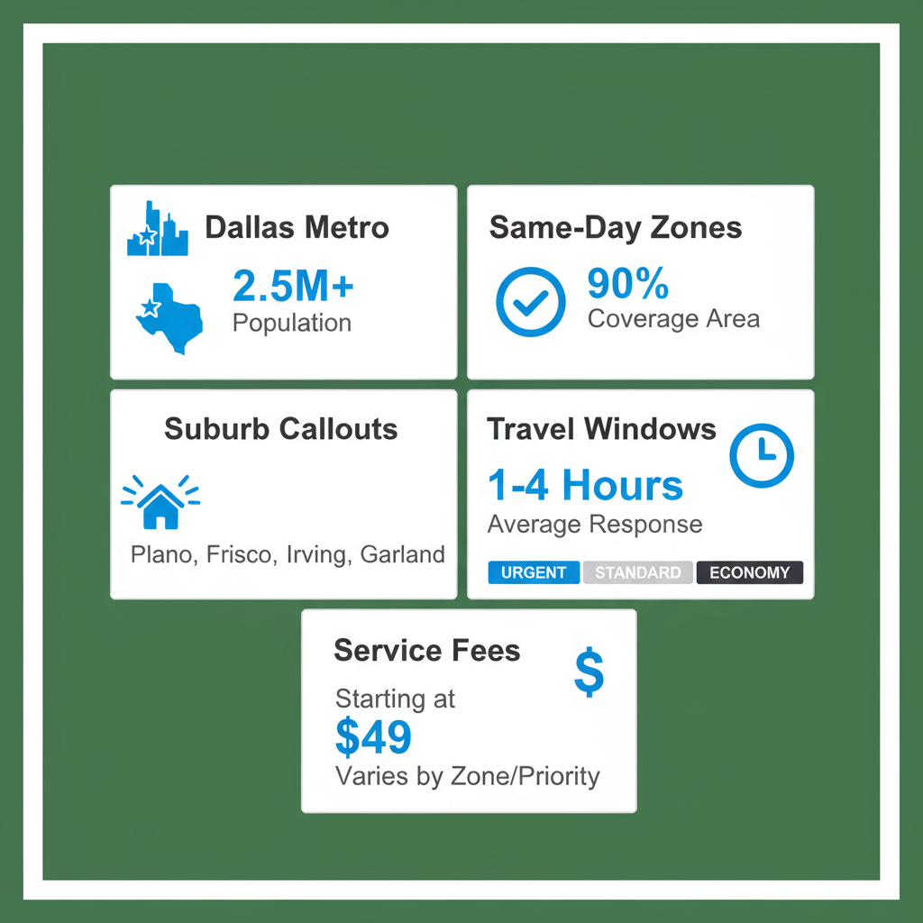 Infographic showing service coverage area for Wolf appliance repair in Dallas metro with priority zones and response times.