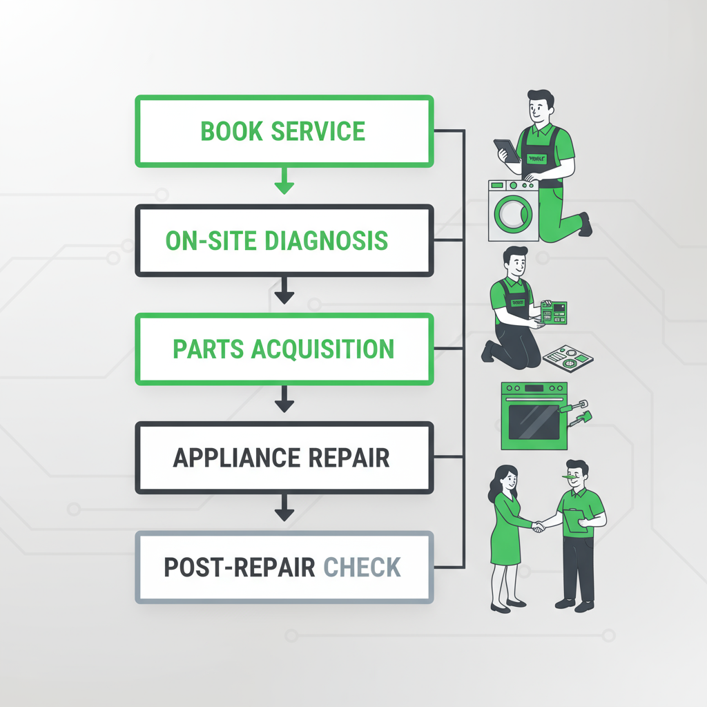 A vertical process flow diagram showing the five steps of a Wolf appliance repair technician visit, from booking to post-repair check.
