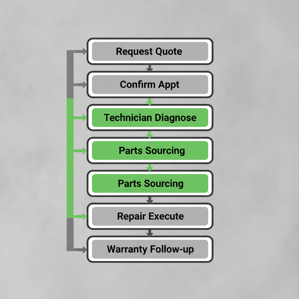 A six-step vertical process flow illustrating the booking to repair journey for Sub-Zero appliances, from requesting a quote to warranty follow-up.