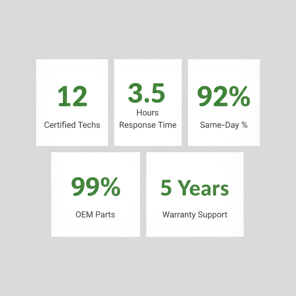 Infographic showing key service metrics for Sub-Zero appliance repair in University Park, including certified technicians, response time, same-day availability, OEM parts, and warranty support.