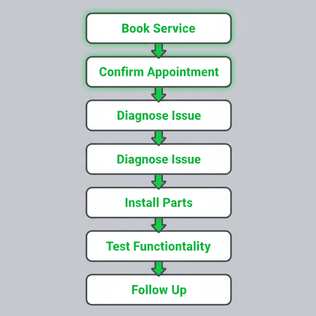 Vertical process flow showing six steps for appliance repair service from booking to completion