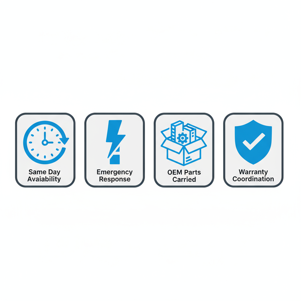 Set of four icons describing appliance repair services: same-day availability, emergency response, OEM parts, and warranty.