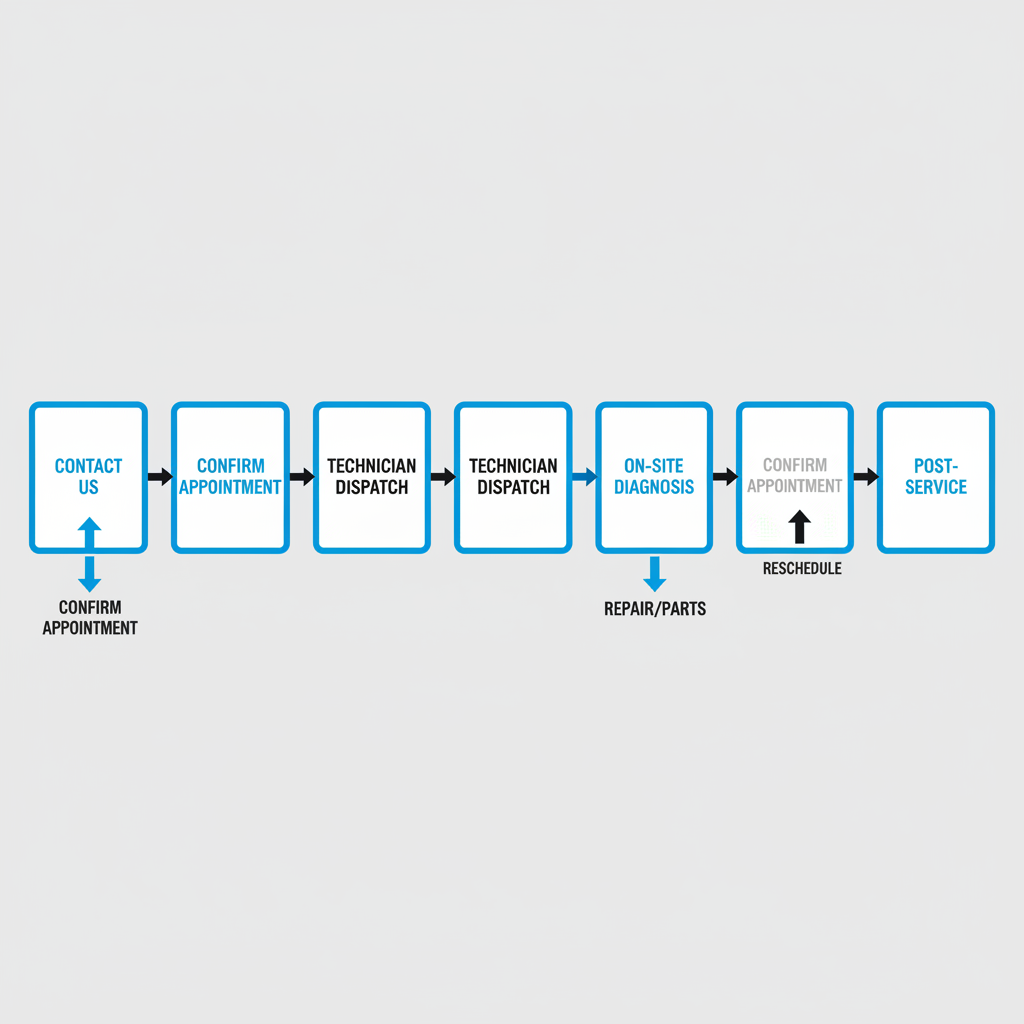 Vertical process flow depicting the six steps to schedule and complete a Wolf appliance repair service.