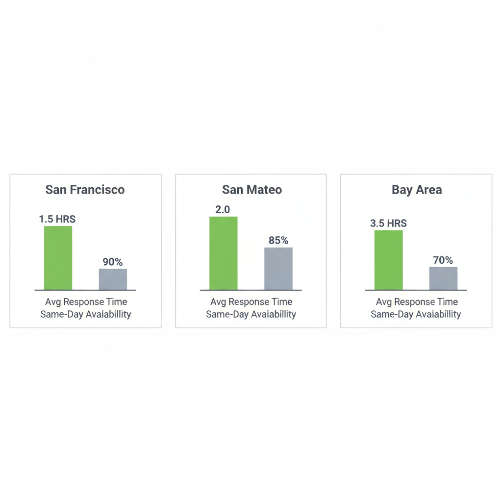 Data visualization showing average response times and same-day availability for appliance repair services across San Francisco, San Mateo, and the wider Bay Area.