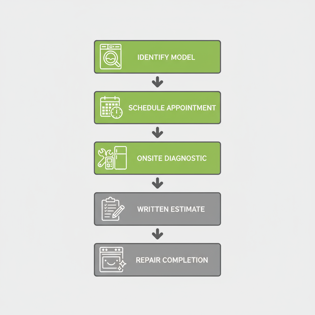 Vertical process flow illustrating five stages of appliance repair service, from identifying the model to repair completion.