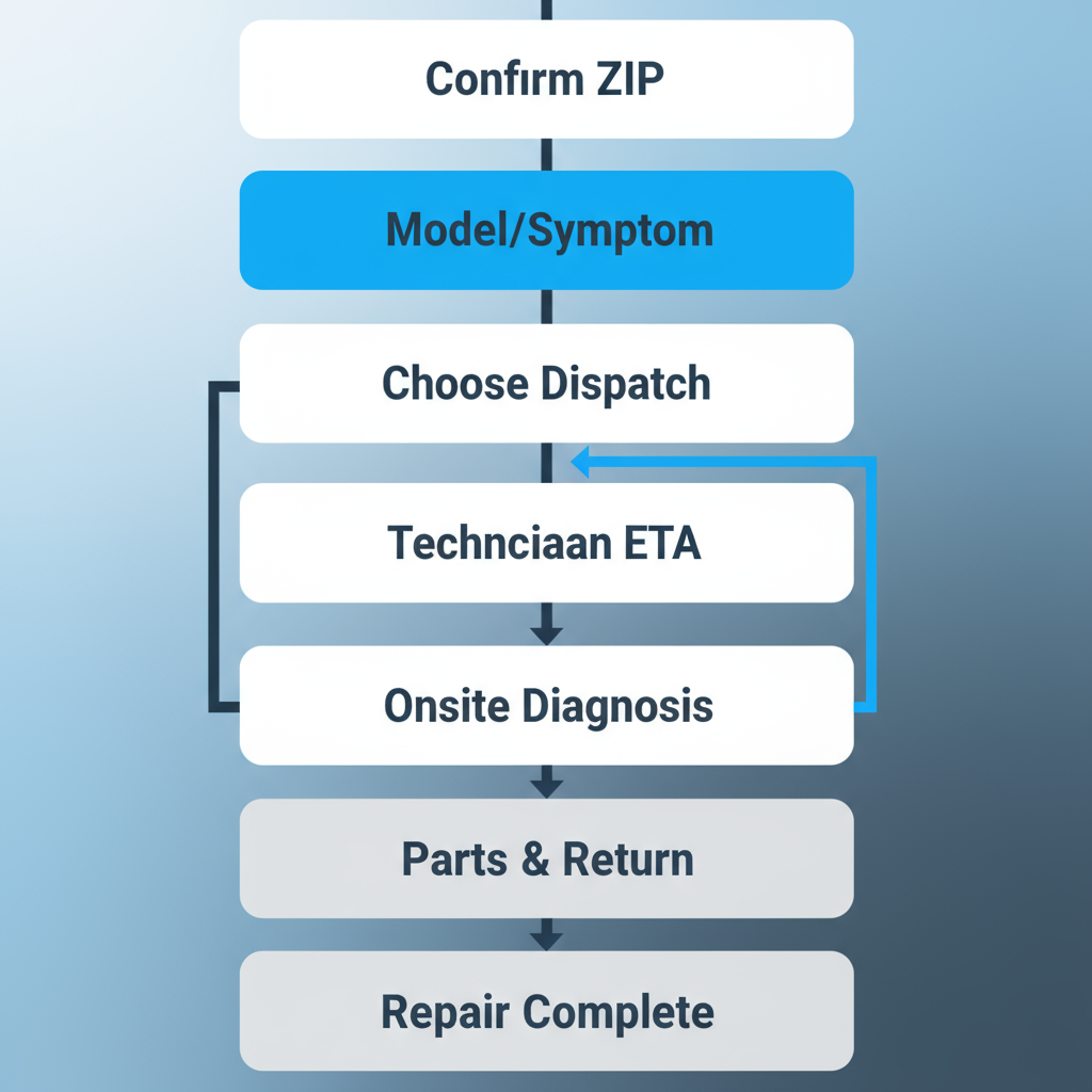 A vertical process flow illustrating the 7 steps to book an appliance repair service, including confirmation, details, dispatch, technician updates, diagnosis, repair, and completion.
