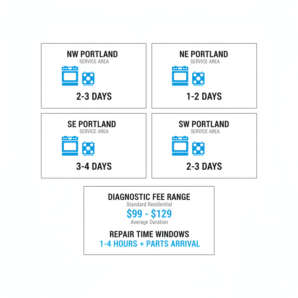Infographic showing service coverage for Wolf appliance repair in various Portland neighborhoods and typical repair timelines.