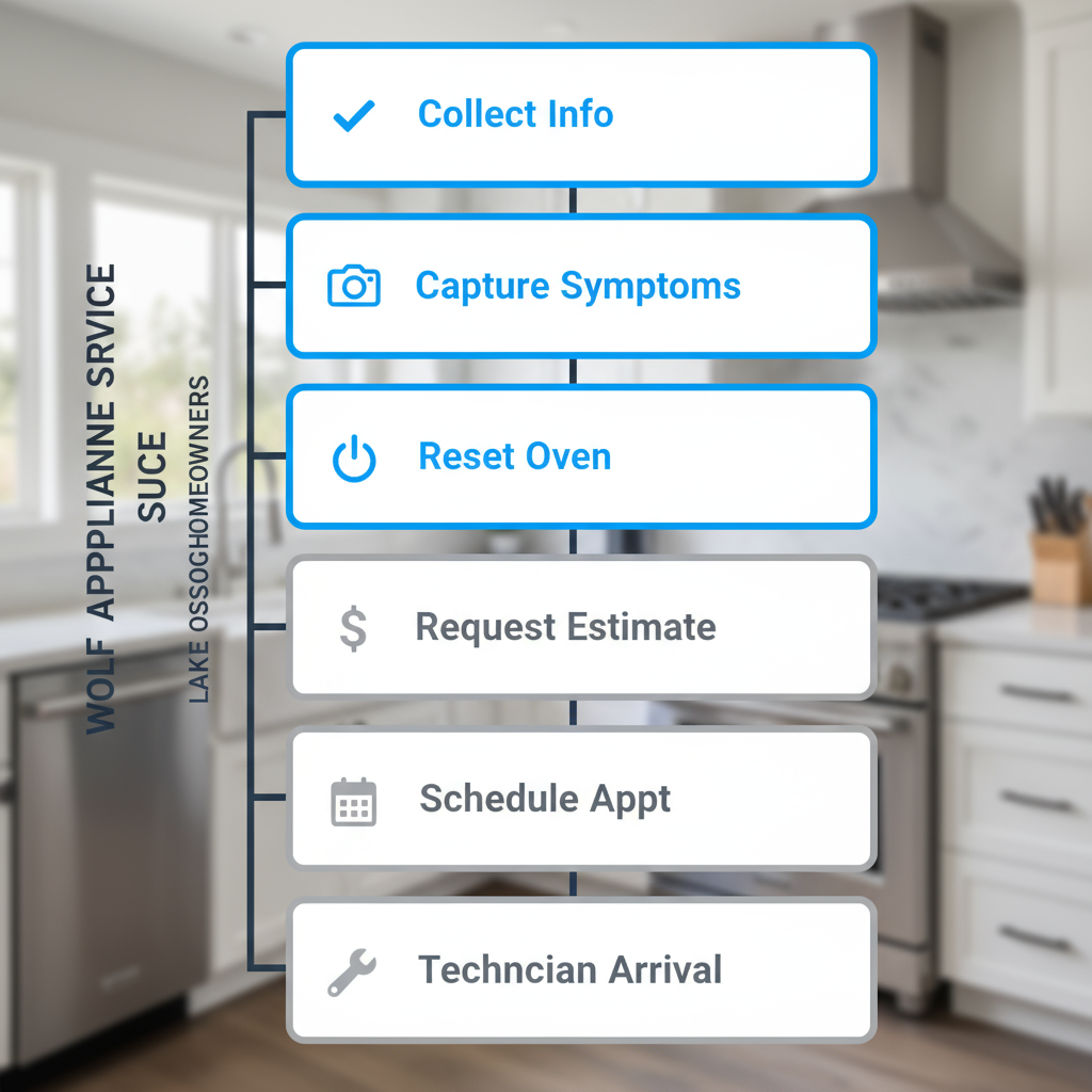 Vertical process flow showing six steps for booking and troubleshooting Wolf appliance repairs in Lake Oswego.