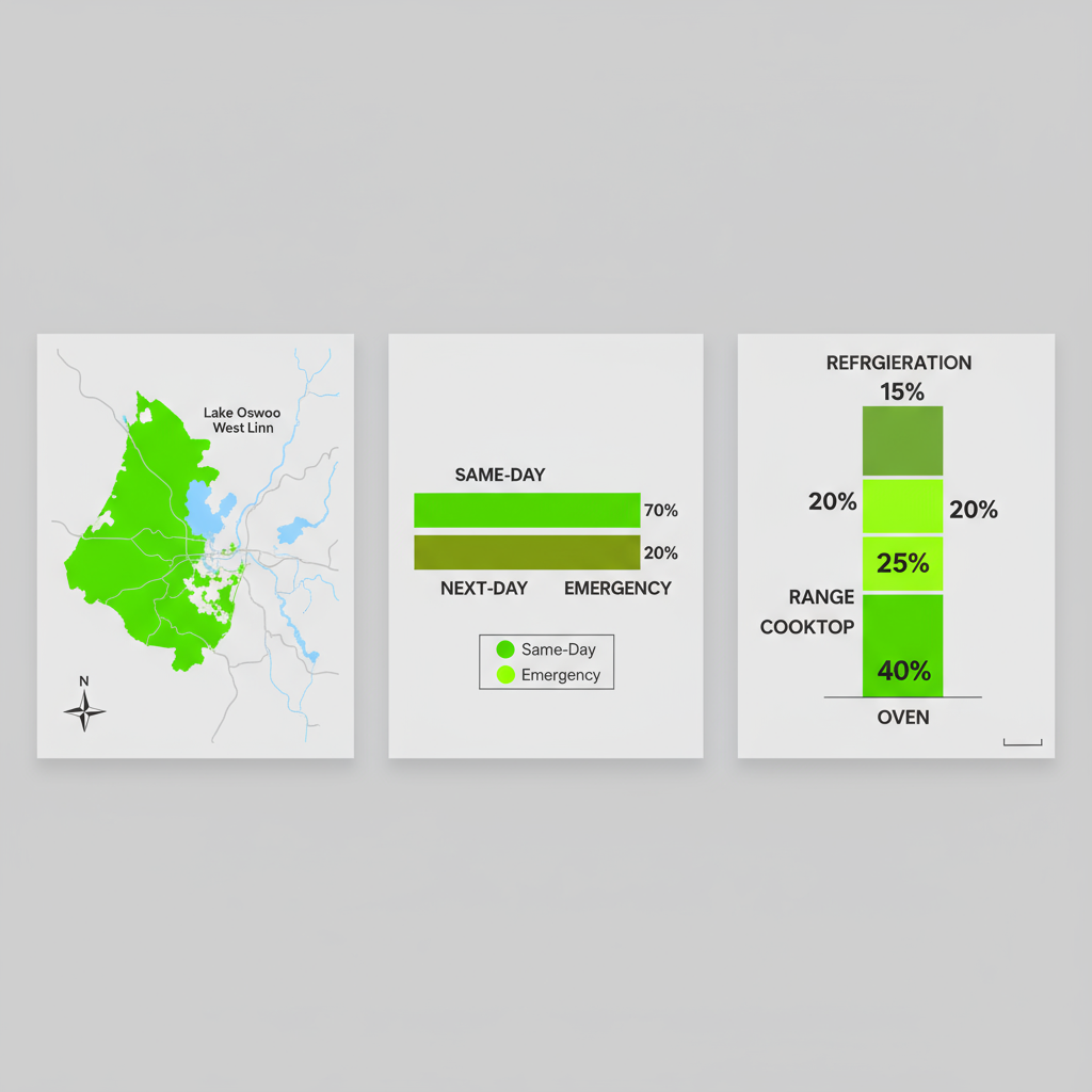 Data visualization showing Wolf Appliance Repair Pros service area, response times, and types of repairs in Lake Oswego and West Linn.