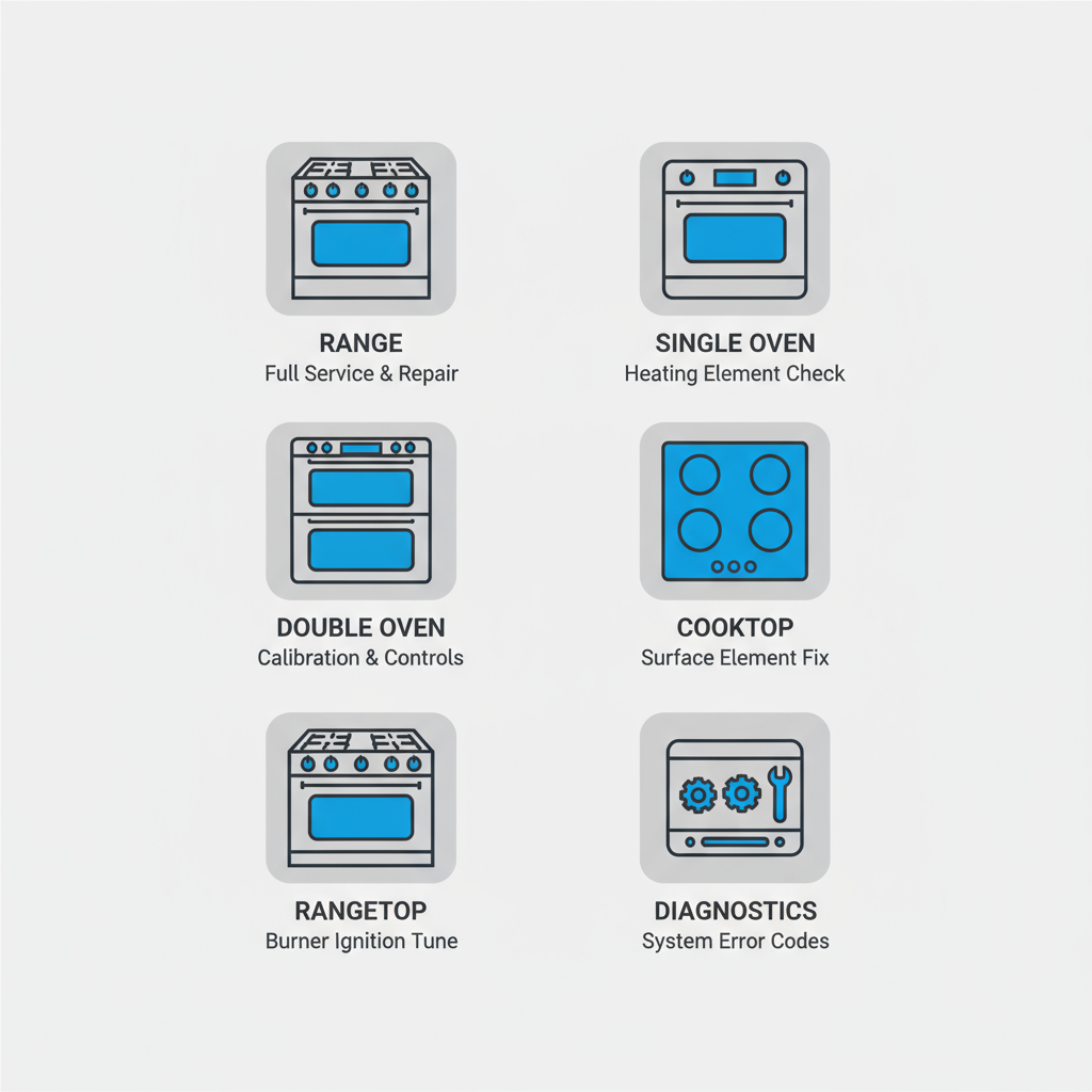 Icon set displaying various Wolf appliances serviced, including range, built-in ovens, cooktop, and control panel diagnostics.
