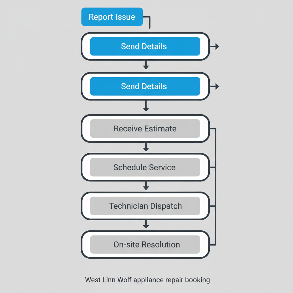 Vertical process flow showing the steps to book a Wolf appliance repair technician in West Linn, from reporting the issue to resolution.