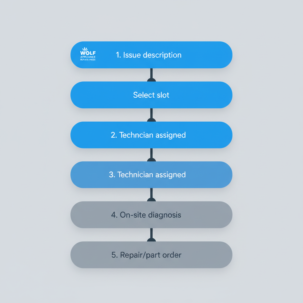 Vertical process flow showing 5 steps for booking an appliance repair service, from issue description to repair completion, in San Francisco.