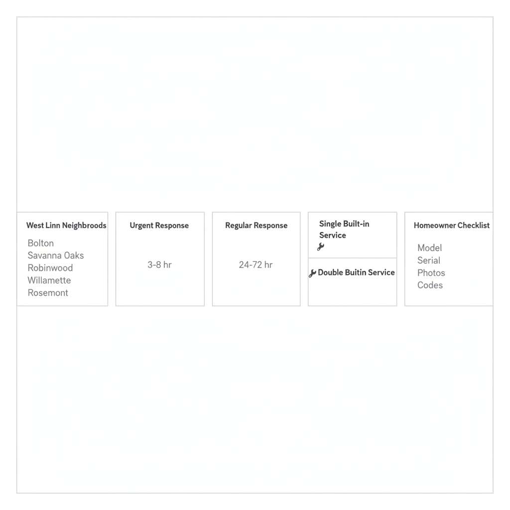 Infographic showing service areas, response times, and common repair costs for West Linn, including icons for single and double built-in oven services and a homeowner checklist.