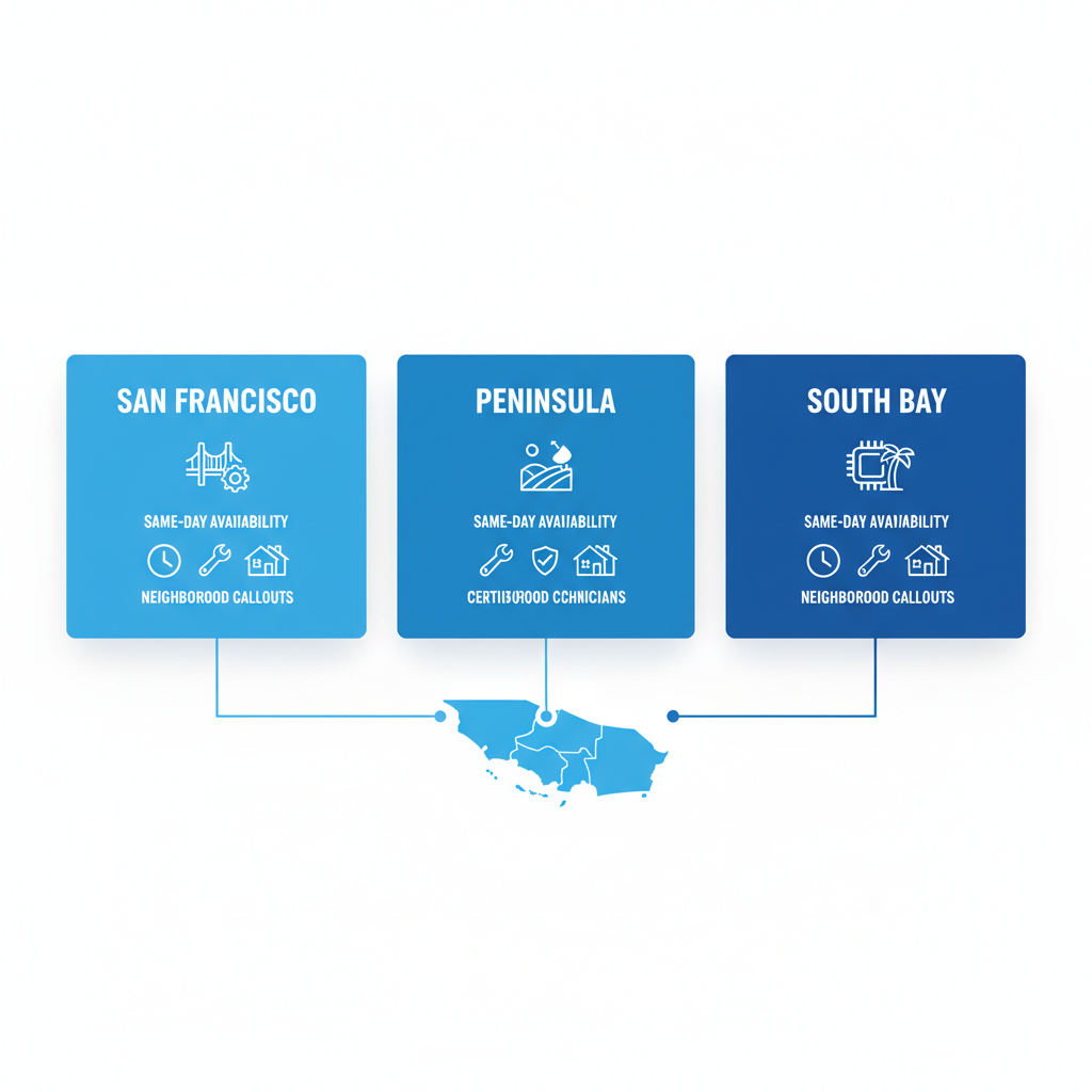 Infographic showing Wolf Appliance Repair Pros service coverage in San Francisco, Peninsula, and South Bay with icons for same-day service and certified technicians.