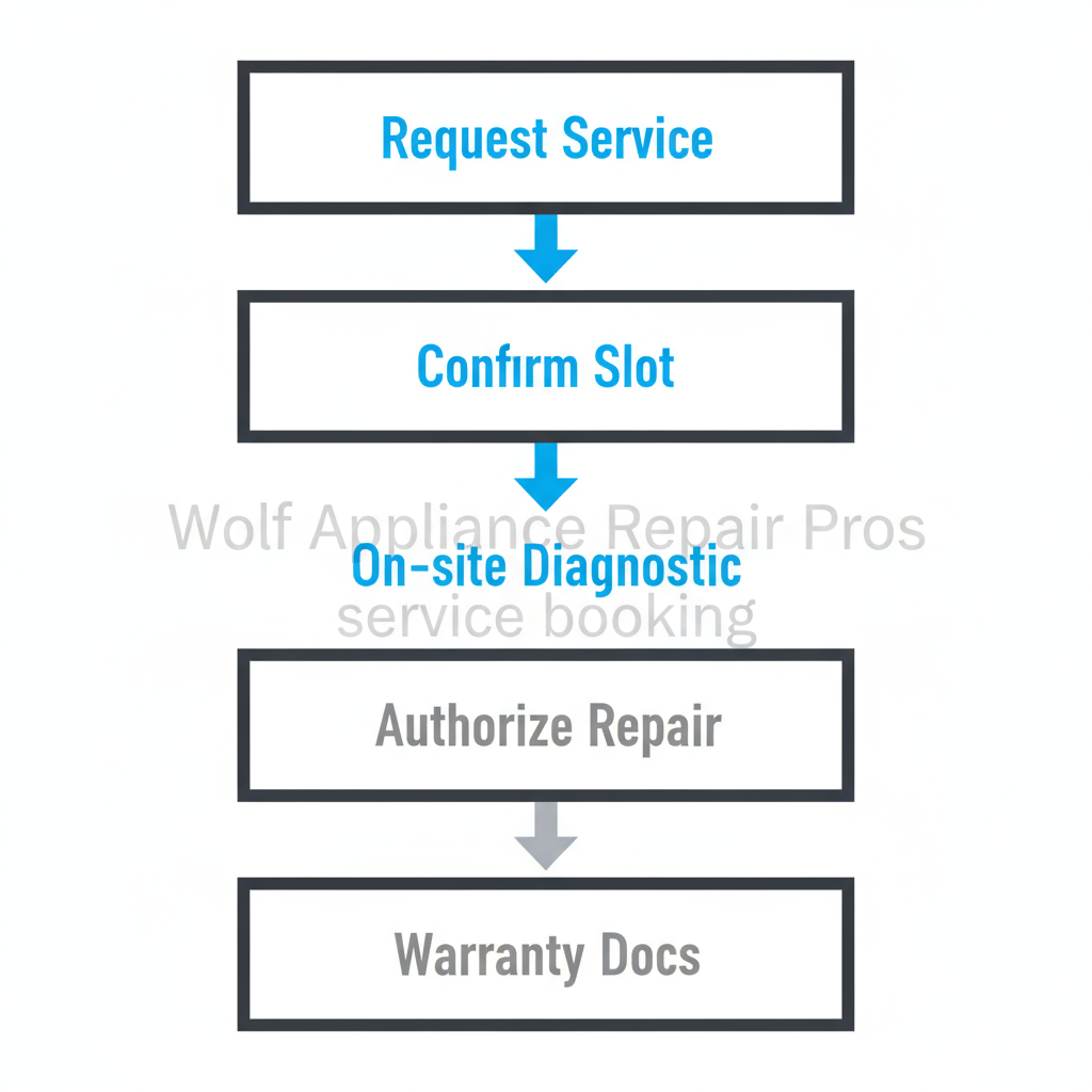 Vertical process flow detailing the 5 steps to book and complete Wolf appliance repair service, from initial request to warranty documentation.