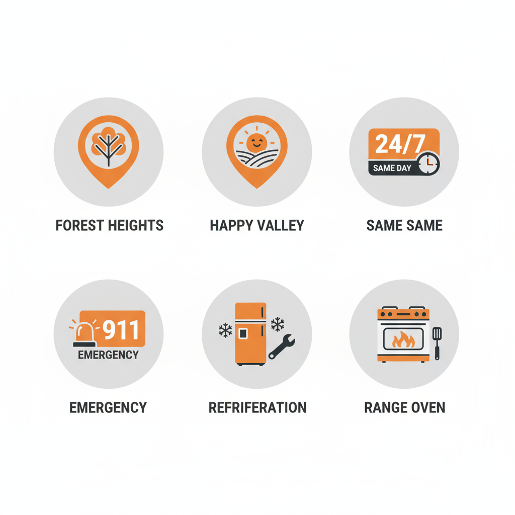 Icon set showing Wolf appliance repair service areas in Forest Heights and Happy Valley with same-day and emergency response for refrigeration and range ovens.