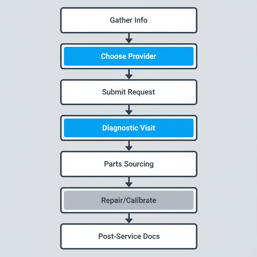Vertical process flow illustrating the 7-step booking and repair workflow for Wolf appliance service in Dunthorpe, from gathering information to post-service documentation.