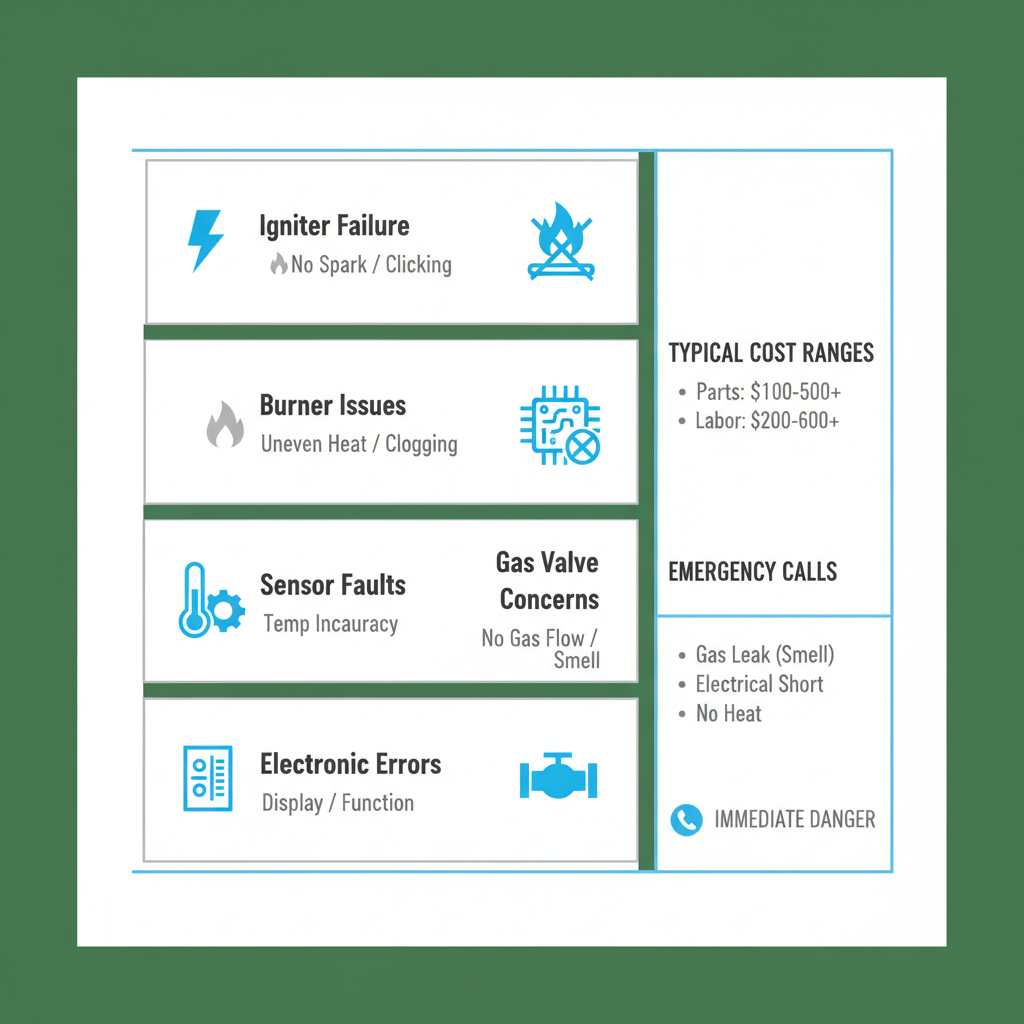 Infographic showing common problems with Wolf stoves including igniter failure, burner issues, sensor faults, electronic errors, and gas valve concerns, with a sidebar for typical repair costs and emergency service contact information for Portland/Dunthorpe.