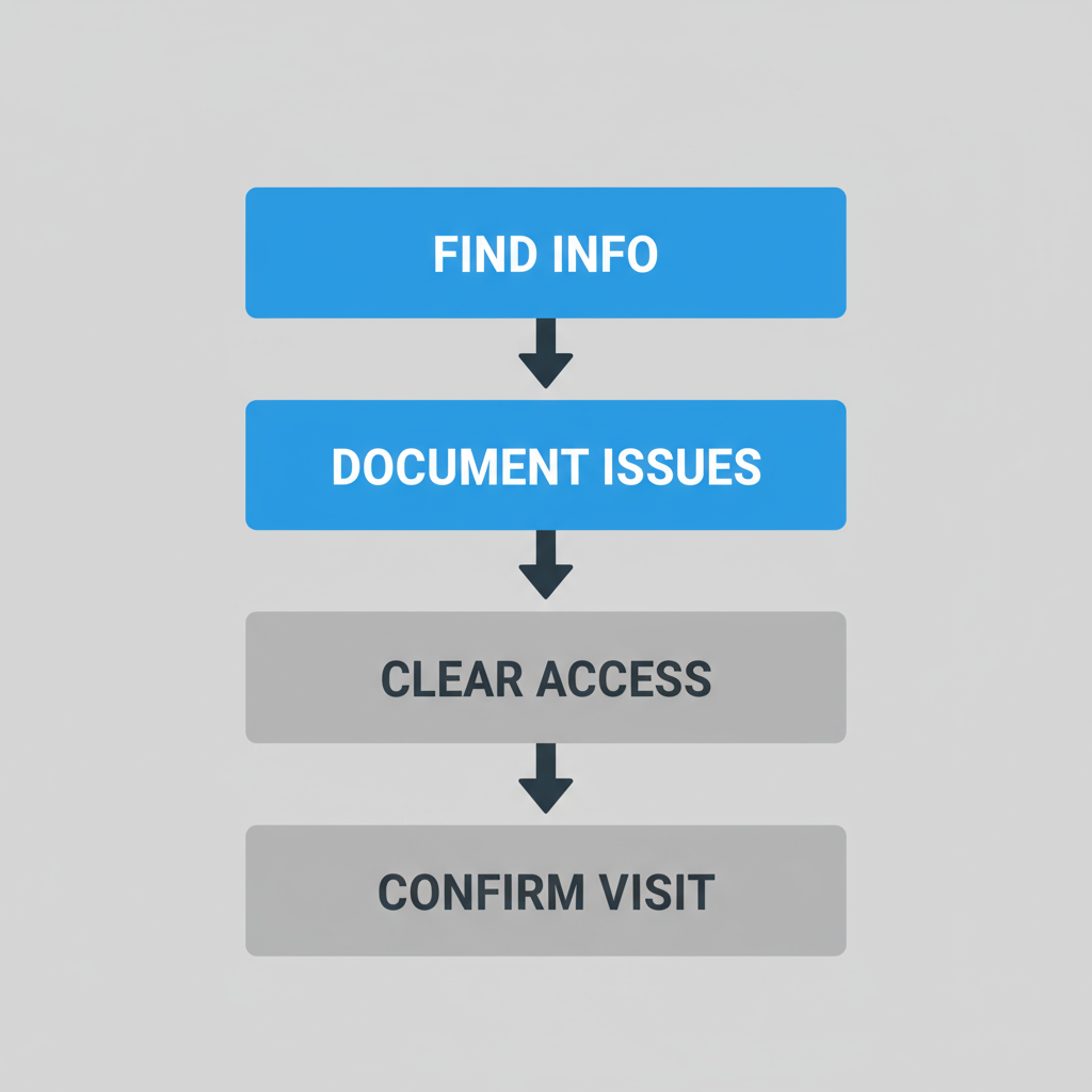 Vertical process flow showing four steps to prepare for a Sub-Zero technician visit: retrieve model and serial numbers, document symptoms, clear appliance access, and confirm appointment details.
