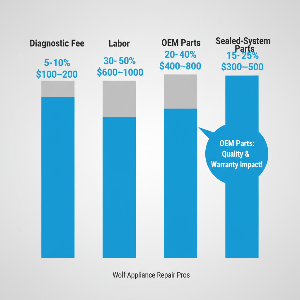 Bar chart showing a typical cost breakdown for Sub-Zero appliance repairs, detailing diagnostic fees, labor, OEM parts, and sealed-system parts.