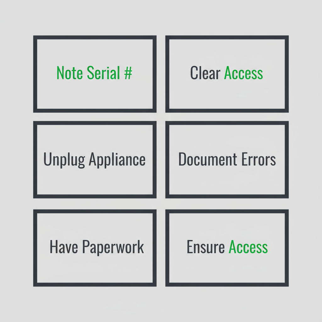 Infographic showing a 6-item checklist for preparing an appliance for a repair technician's visit.