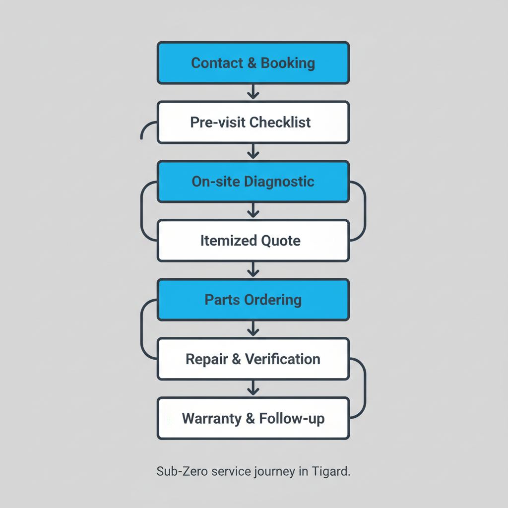 Vertical process flow illustrating the Sub-Zero appliance repair service journey in Tigard from initial contact to warranty documentation.
