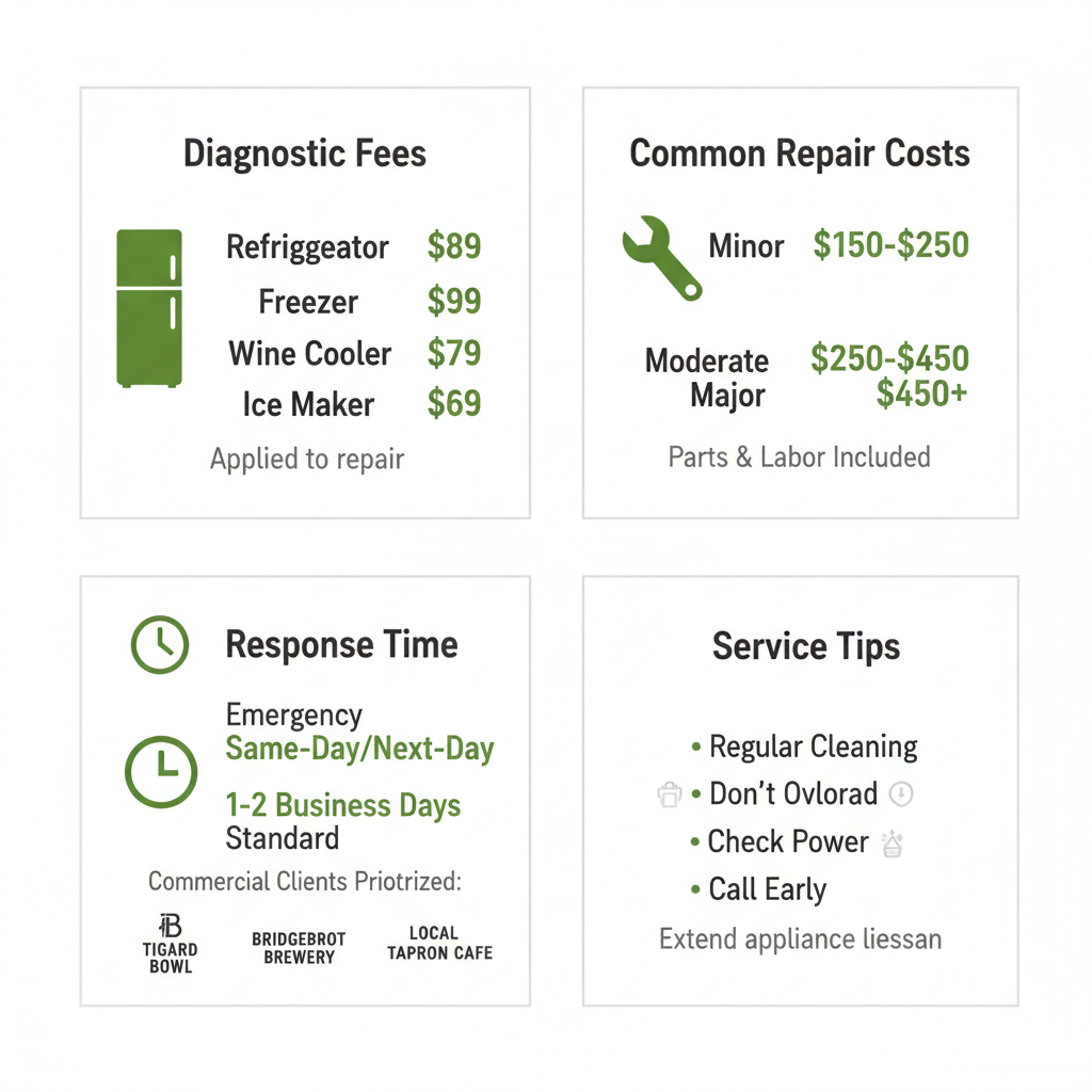 Infographic showing typical appliance repair diagnostic fees, common repair cost ranges, emergency and scheduled response times, and tips for reducing repair time in Tigard. Includes icons for various appliance types and notes for commercial clients.