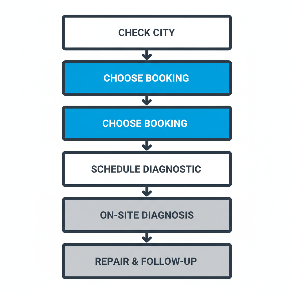 A vertical process flow depicting five stages of booking and completing a Sub-Zero appliance maintenance visit.