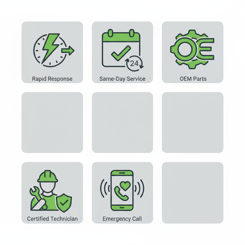 Icon set visualizing rapid response, same-day service, OEM parts, certified technicians, and emergency calls for appliance repair.