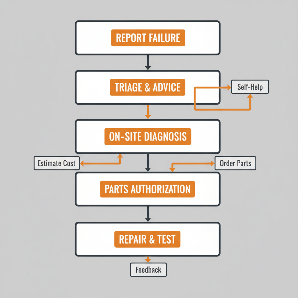 Vertical process flow illustrating 5 steps for emergency appliance repair, from reporting failure to final repair and testing.