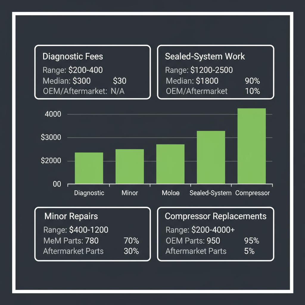 Data visualization showing typical repair cost ranges for various Sub-Zero appliance issues in the Dover/Boston area, including diagnostic fees, minor repairs, sealed-system work, and compressor replacements, with notes on OEM vs. aftermarket parts.